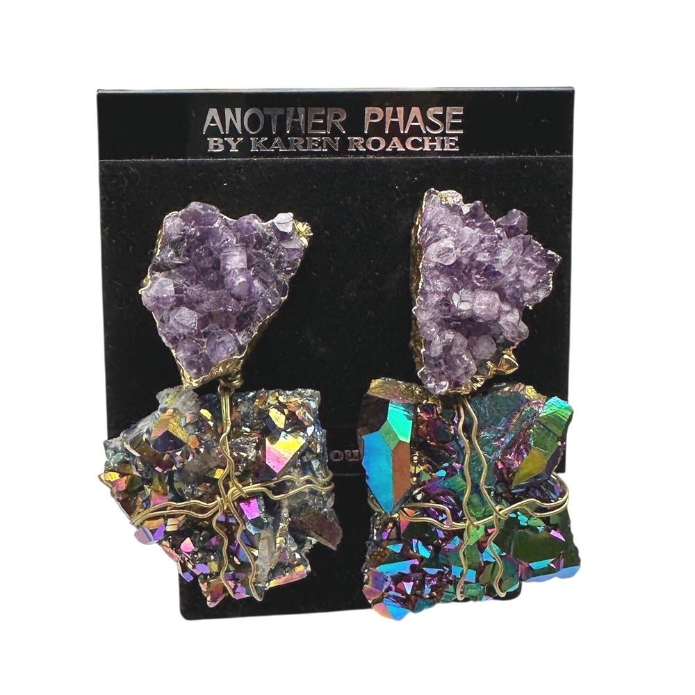 Vintage Another Phase Karen Roache Amethyst Aura Quartz Raw Crystal Earrings